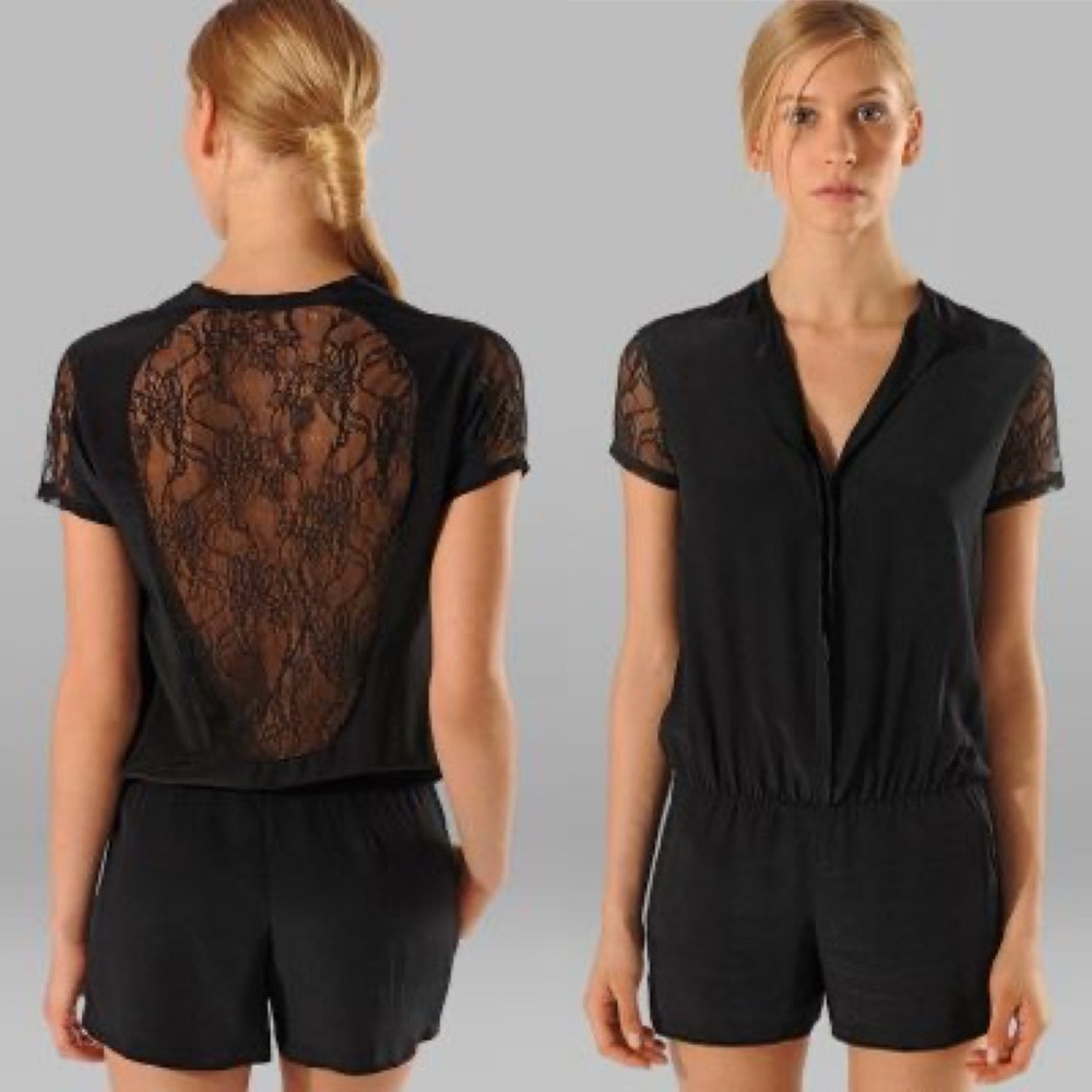 Maje 100% Silk Black Lace Sleeve Open Back Romper Jumpsuit Size 40 Large